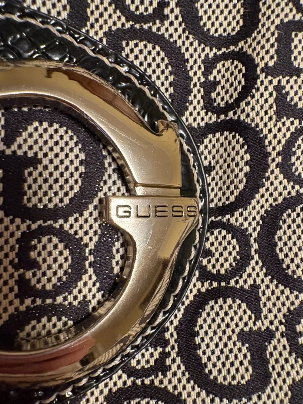 VTG Guess Monogram Small Crossbody Bag in Black and Cream with Silver Buckle